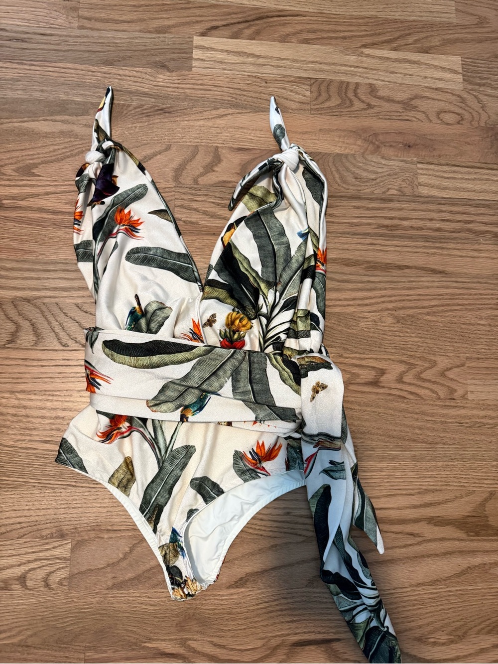 PatBO Tropical Leaf & Bird-Print One-Piece in Ivory with Green Accents NWOT